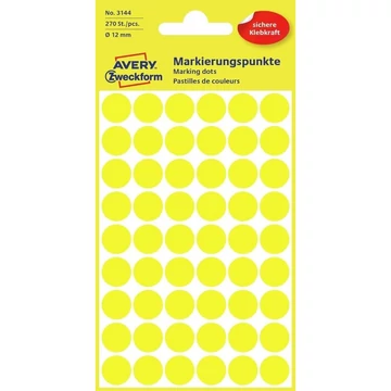 Etikett címke, o12mm, jelölésre, 54 címke/ív, 5 ív/doboz, Avery sárga Etikett címke, o12mm, jelölésre, 54 címke/ív, 5 ív/doboz, Avery sárga