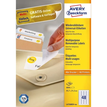 Etikett címke, 45,7 x21,2mm, univerzális visszaszedhető, 48 címke/ív, 100 ív/doboz, Avery fehér Etikett címke, 45,7 x21,2mm, univerzális visszaszedhető, 48 címke/ív, 100 ív/doboz, Avery fehér