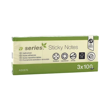 Jegyzettömb öntapadó, 40x50mm 3x100lap A-Series sárga Jegyzettömb öntapadó, 40x50mm 3x100lap A-Series sárga