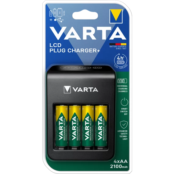 Elemtöltő, akku LCD Plug töltő + 4 db AA 2100 mAH Varta