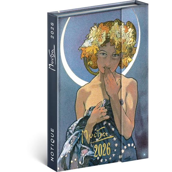 Határidőnapló mágnessel záródó, krémszínű lapokkal Alphonse Mucha 110×160 mm, Presco