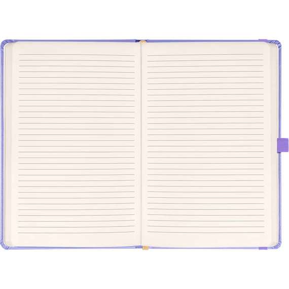 Keménytáblás notesz vonalas krémszínű lapokkal leszorító gumiszalaggal Lila 130x210mm, Presco