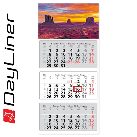 Speditőr naptár 3 tömb, 3 hónap Medium Classic 350 × 755 mm, fehér lapokkal Hangulat Dayliner 2026.