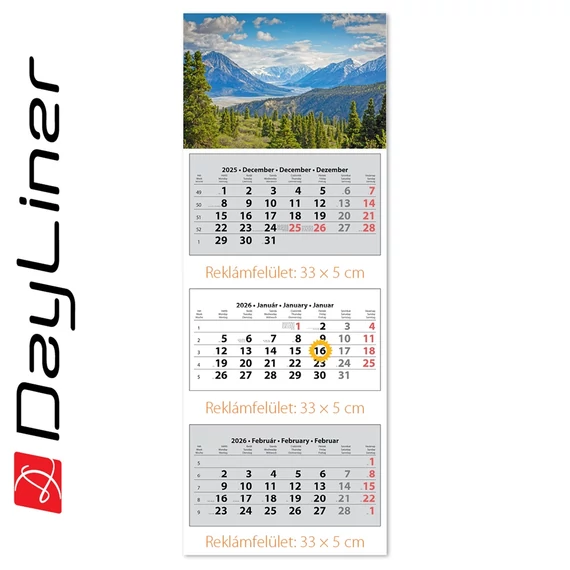 Speditőr naptár 3 tömb, 3 hónap SP-3 330 × 880 mm, fehér lapokkal Hegy Dayliner 2026.
