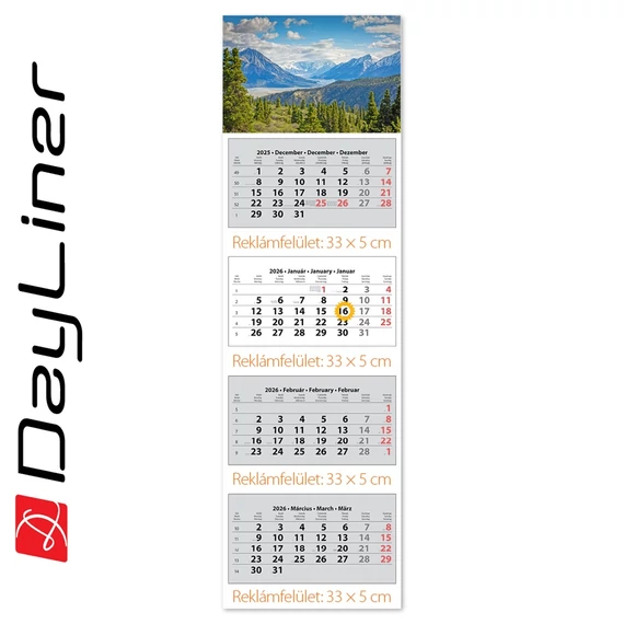 Speditőr naptár 4 tömb, 4 hónap SP-4 330 × 1100 mm, fehér lapokkal Hegy Dayliner 2026.