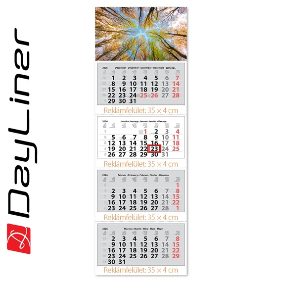 Speditőr naptár 4 tömb, 4 hónap Szuper Maxi 350 × 1025 mm, fehér lapokkal Erdő Dayliner 2026.