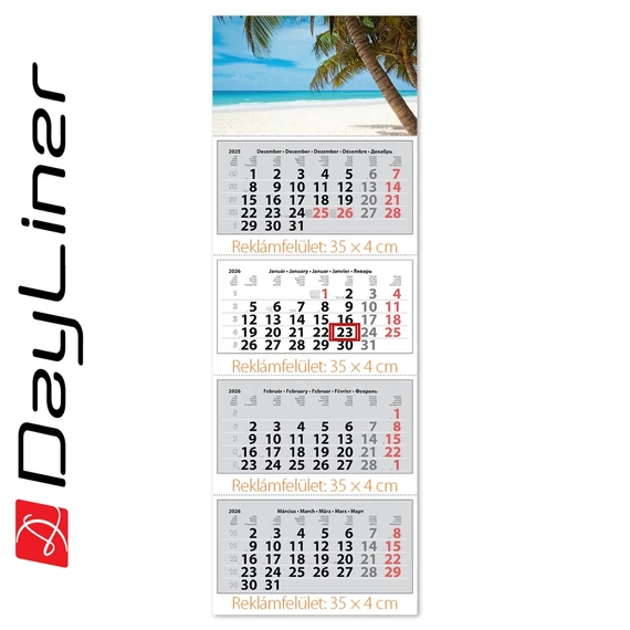Speditőr naptár 4 tömb, 4 hónap Szuper Maxi 350 × 1025 mm, fehér lapokkal Tengerpart Dayliner 2026.