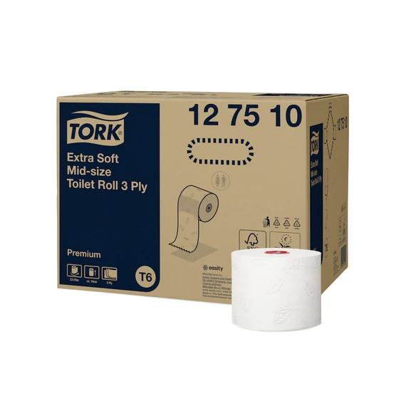 Toalettpapír 3 rétegű duplatekercses átmérő: 13,2 cm 70 m/tek 27 tekercs/karton Premium Mid-size T6 Tork_127510 fehér