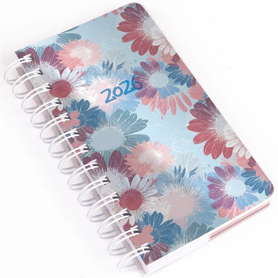 Zsebnaptár álló spirálozott SP5 napi fehér lapokkal virágok Realsystem 2026.